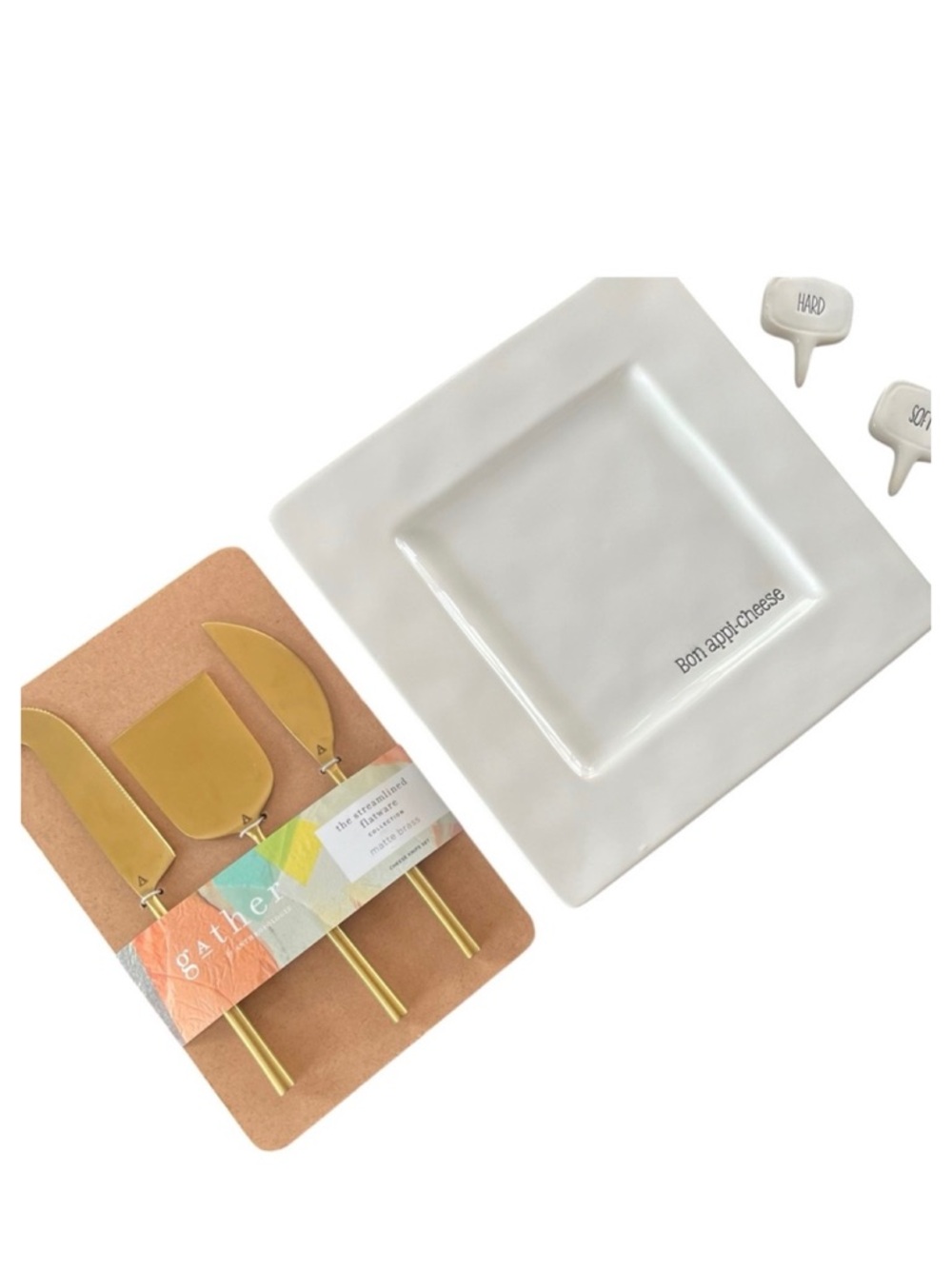 Anthropologie & Mud Pie Cheese Plate Utensils Ceramic Brass Bon Appi-Cheese